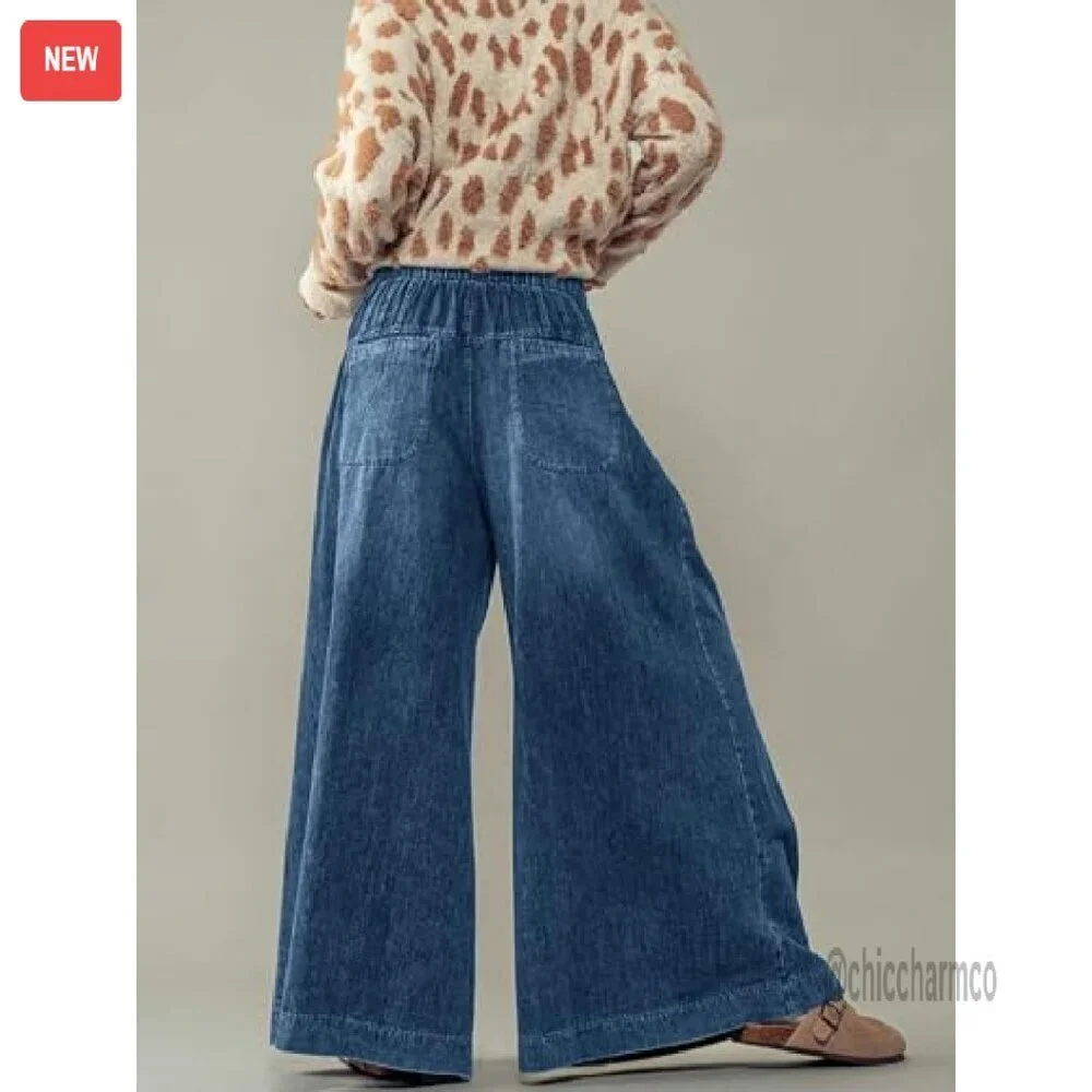 Women's Baggy Wide Leg Denim Pants Drawstring Midi Waisted Flare Jeans - Picture 4 of 8